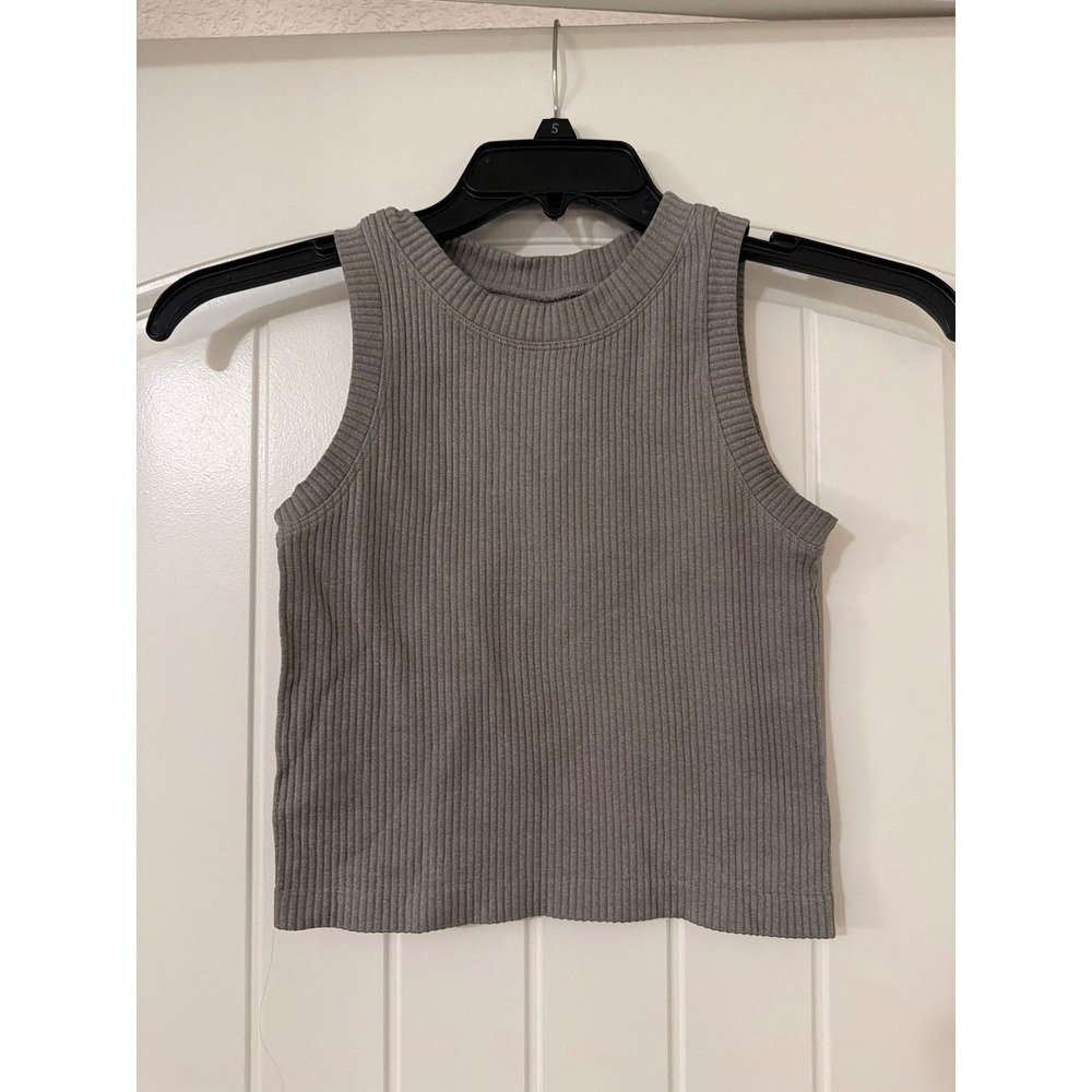 Aura Ribbed High Neck Tank Top Taupe Grey Seamless Crop Top SC1908-R-V M/L